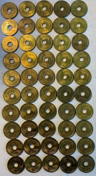 Japan 5 Yen Year 55 – 58 (1980 – 1983) Y 72a – Circulated Roll Of 50 Coins