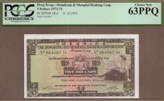 Hong Kong: 5 Dollars Banknote,  (unc Pcgs63),  P - 181f,  31.  10.  1973,