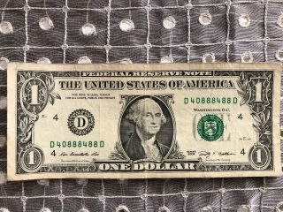 Trinary,  Five Of A Kind,  Repeater,  Five 8s - $1 Dollar Bill Unique Serial Number