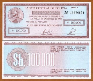 Bolivia,  100,  000 (100000) Pesos Bolivianos,  1984,  P - 188,  Unc