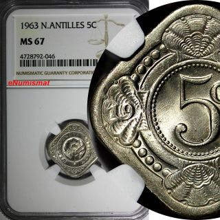 Netherlands Antilles Juliana 1963 5 Cents Ngc Ms67 - 400,  000 Top Graded Km 6