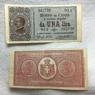 Pair 1914 Italy 1 Lira Note (pick 36a) - Ext.  Fine - W/ Consecutive Numbers