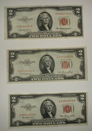 Set Of Three 1953 Two Dollar $2 Red Seal Bills