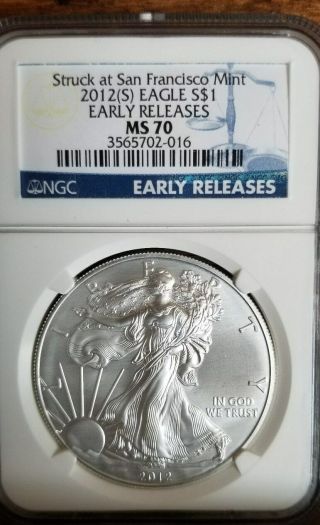 2012 (s) American Silver Eagle Ngc Ms70 Early Release Blue Label