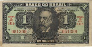 1923 1 One Mil Reis Brazil Brazilian Currency Banknote Note Money Bank Bill Cash
