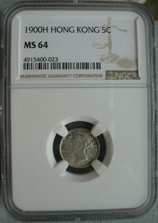 1900 - H Hong Kong Silver 5 Cents Ngc Ms - 64