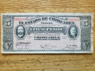 1915 Chihuahua Mexico 5 Pesos Banknote With San Antonio Sewer Pipe Ad