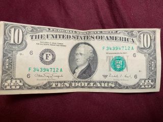 1988 - A $10 Ten Dollar Bill Extremely Low Serial Numbered Note F34394712a