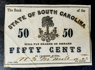 Civil War Confederate 1862 50 Cents Note State Of South Carolina Sc Paper Money