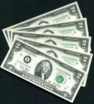 A32 Minneapolis Five Consecutive Number $2 Dollar Bills Crisp Uncirculated Notes