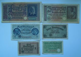 Germany 0.  50;1,  2,  5,  20,  50 Reichsmark Ww2 1940 - 45 (6 Banknoten),