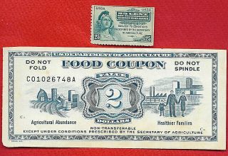 Usda Food Stamp 1973 $2.  00 & Blue 25 Cent Food Stamp Banknote Welfare Scrip
