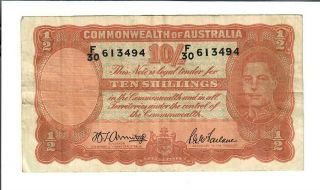 1942 Commonwealth Of Australia Ten Shillings Orange Note George Vi Armitage