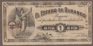 1914 Mexico (durango) 1 Peso Note