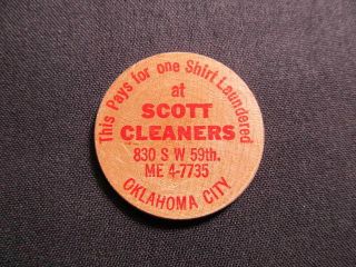 Oklahoma City,  Oklahoma Wooden Nickel Token - Scott Cleaners Wooden Laundry Coin