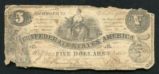 T - 36 1861 $5 Five Dollars Csa Confederate States Of America Currency Note (f)