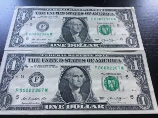 2 Consecutive Low Serial Number $1 Bills 2013 Offer Me