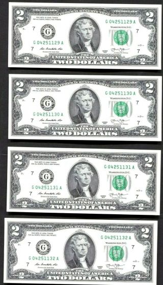 C44 4 Consecutive Numbered $2 Two Dollar Bills Crisp Unc Paper Currency 2013