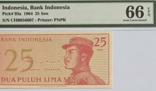 Indonesia - 25 Sen - 1964 - Pick 93a Pmg 66 Epq Gem Unc