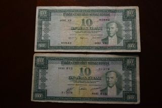 Central Bank Of Turkey Republic 10 Lira Two Bank Notes