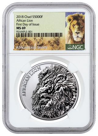2018 Republic Of Chad African Lion 1 Oz Silver 5,  000f Coin Ngc Ms69 Fdi Sku51649