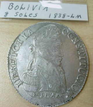 1838 Pts Lm Bolivia 8 Soles Silver Coin Km 97