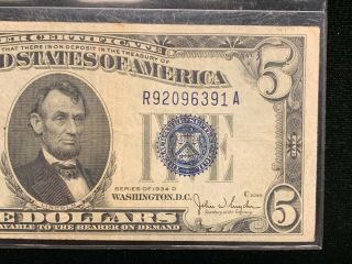 1934 - D $5 Five Dollar Silver Certificate Blue Seal Note US Currency 2