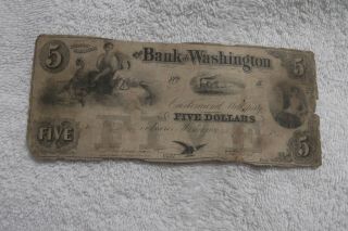 1851 Bank Of Washington $5 Obsolete Note North Carolina Very Worn