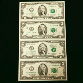 2003 A Us $2 Two Dollar Uncut Sheet Of 4 Federal Reserve Bank Notes Hus029527