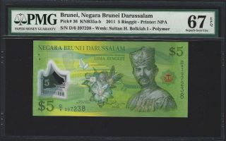 2011 Brunei $5 Ringgit,  Pmg 67 Epq Gem Unc,  P - 36,  Grade