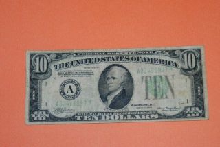 1934 A Usa $10 Ten Dollar Bill Circulated Boston Green Seal Federal Reserve Frn