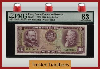 Tt Pk 111 1975 Peru Banco Central 1000 Soles De Oro " Grau & Bolognesi " Pmg 63
