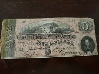 1864 $5 Us Confederate States Of America Currency