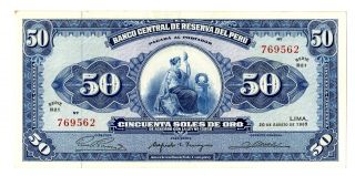 Banco Central De Reserva Del Peru 50 Soles De Oro 1965 P - 89 About Unc Abnc