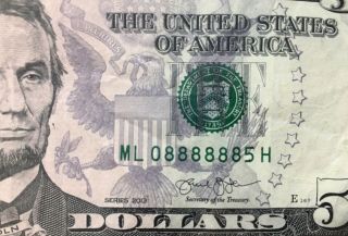 2013 $5 Five Dollar Fancy Serial Number Liars Poker 6 Six Solid 8s Trinary