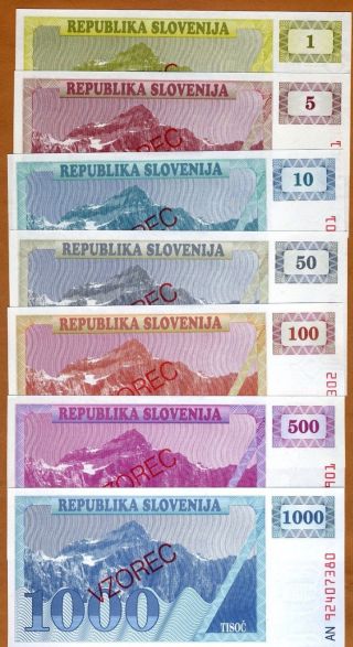 Specimen Set,  Slovenia,  1 - 5 - 10 - 50 - 100 - 500 - 1000 (tolarjev),  1990 - 1992,  Unc