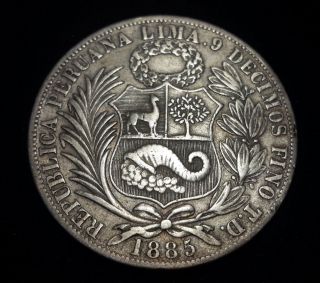 1885 Peru Un Sol Republica Peruana Lima Silver Crown.  9 Decimos
