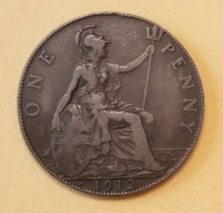 1912 Uk Great Britain British One 1 Penny King George V Coin Vf,