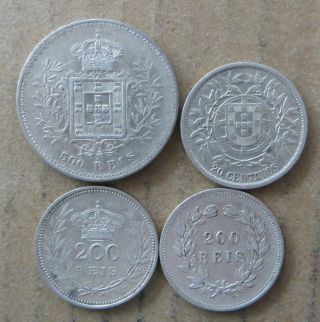 Portugal 200 Reis 1891 & 1909,  20 Centavos 1916,  500 Reis 1896.  Jo - 7725