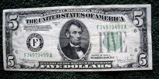 1934 C.  Fr 1959.  $5 Federal Reserve Note.  Green Seal.  (atlanta Bank)
