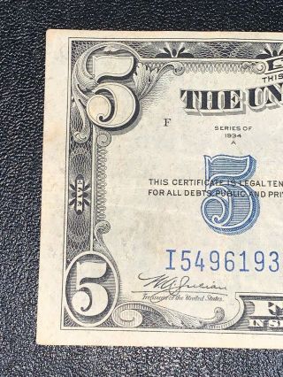 1934 A Series $5 Dollar Bill Federal Note Silver Certificate Blue Seal 2