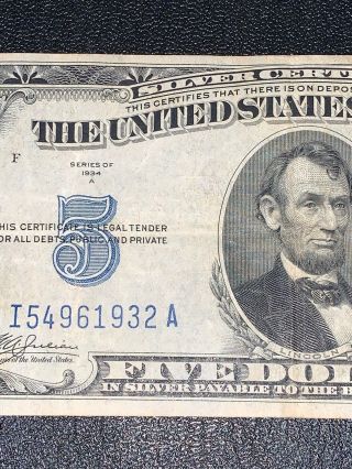 1934 A Series $5 Dollar Bill Federal Note Silver Certificate Blue Seal 3