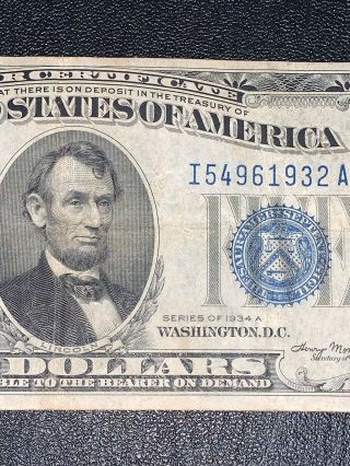 1934 A Series $5 Dollar Bill Federal Note Silver Certificate Blue Seal 4