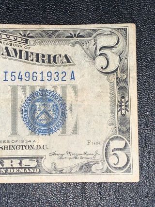 1934 A Series $5 Dollar Bill Federal Note Silver Certificate Blue Seal 5