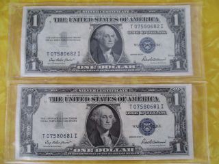 1935 F - One Dollar Silver Certificates - Sequential Low Numbers - Set Of 2