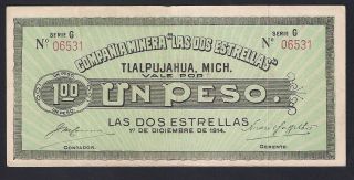 Mexico 1 Peso 1914 Michocan/ Tlalpujahua M 3089a Serie G,  Very Fine