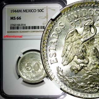Mexico Estados Unidos Mexicanos Silver 1944 M 50 Centavos Ngc Ms66 Gem Km 447