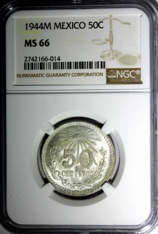 Mexico ESTADOS UNIDOS MEXICANOS Silver 1944 M 50 Centavos NGC MS66 GEM KM 447 2
