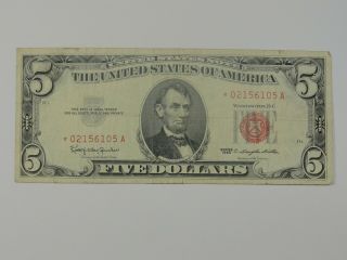 1963 $5 Five Dollar United States Note Red Seal Star Note 02156105a