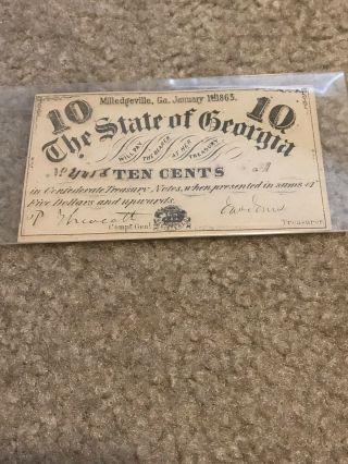 1863 10 Cents Confederate States Treasury Note - Milledgeville Georgia